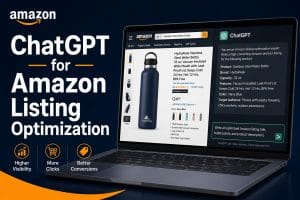 ChatGPT for Amazon listing optimization – laptop showing Amazon listing and ChatGPT interface