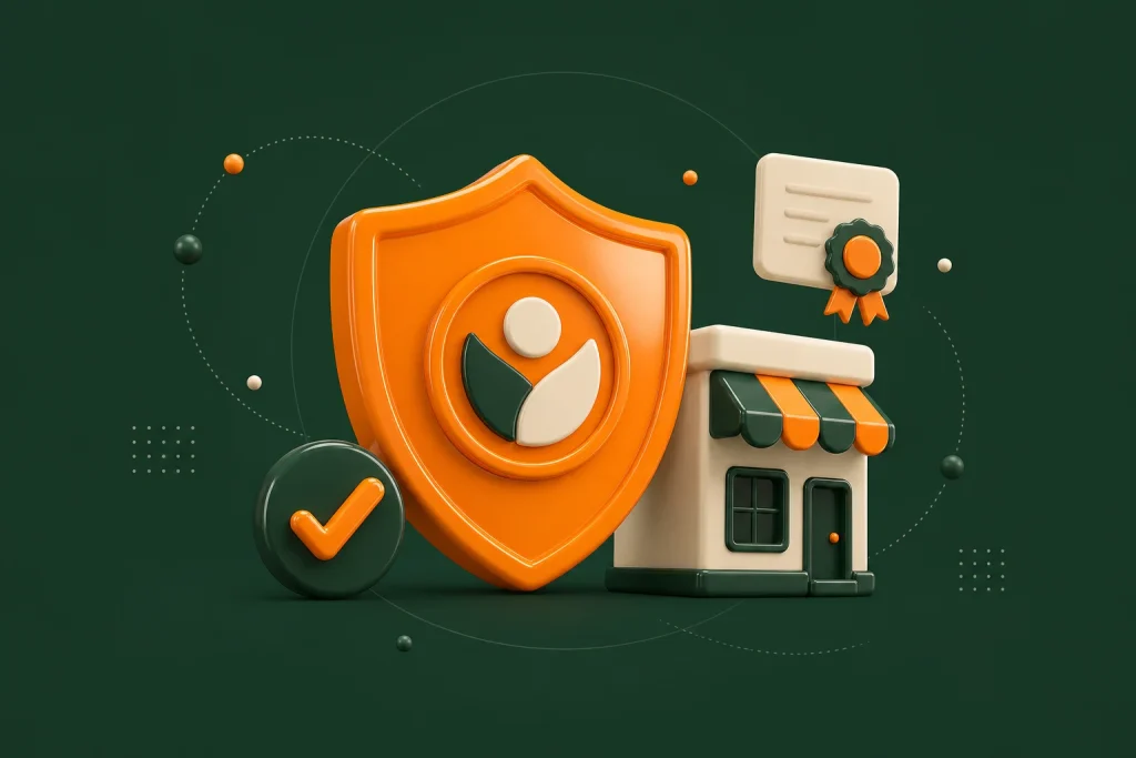 Amazon Brand Registry illustration: a protective shield and brand storefront with a certificate badge