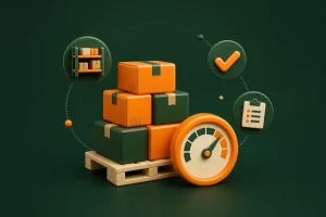 Amazon inventory management illustration: stacked FBA boxes on a pallet with an inventory performance gauge