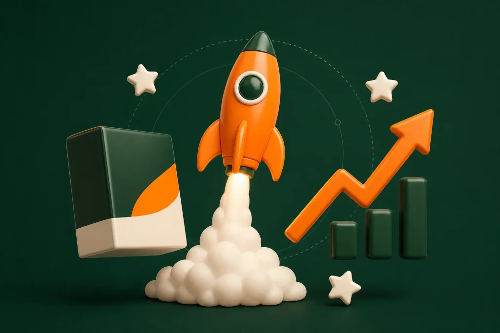 Amazon product launch strategy illustration: a rocket launching beside a product box and a rising sales chart